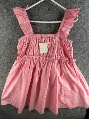 NWT Moodie Pink Ruffled Rachel Swing Dress Small Cute Should Straps Puff Cotton